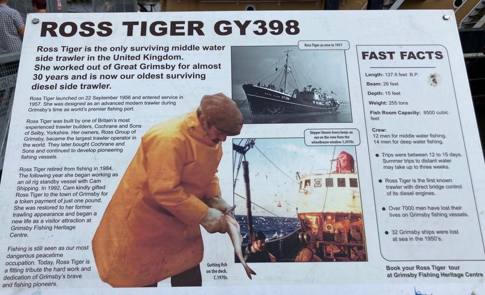 An About Ross Tiger board which stands outside the trawler.