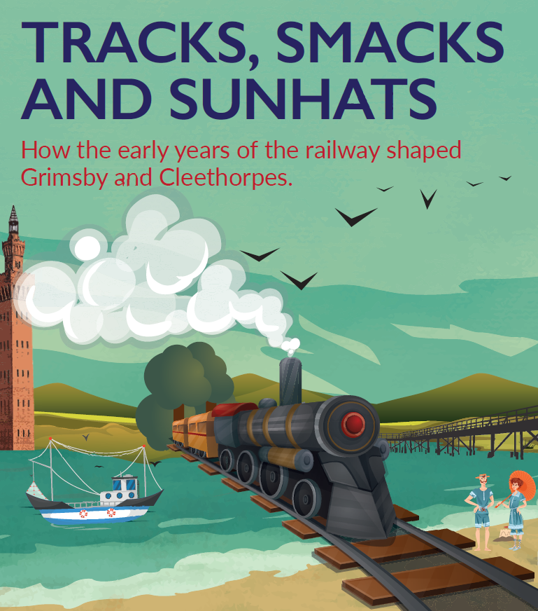Poster image of a train going over some water with the headline Tracks, Smacks and Sunhats,